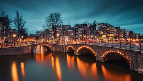 Обои вечер, река, мост, нидерланды, амстердам, the evening, river, bridge, netherlands, amsterdam разрешение 2048x1365 Загрузить