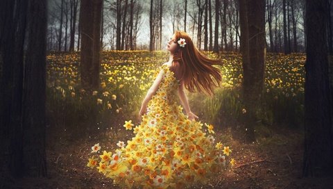 Обои цветы, лес, девушка, платье, нарциссы, рыжеволосая, shelby robinson, flowers, forest, girl, dress, daffodils, redhead разрешение 2048x1426 Загрузить