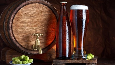 Обои напитки, стакан, пиво, бочка, хмель, drinks, glass, beer, barrel, hops разрешение 2874x1800 Загрузить