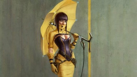 Обои арт, девушка, зонтик, cleavage, boobs, yellow umbrella, сексапильная, art, girl, umbrella, sexy разрешение 1920x1200 Загрузить