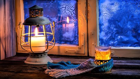 Обои свет, ночь, зима, мороз, фонарь, окно, чашка, light, night, winter, frost, lantern, window, cup разрешение 1920x1080 Загрузить