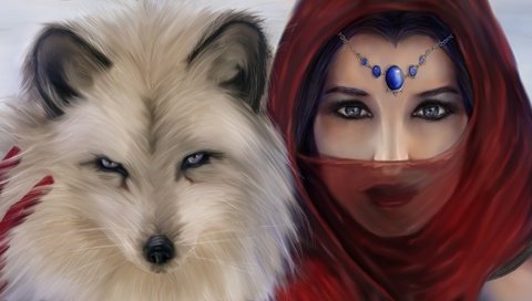 Обои глаза, арт, девушка, взгляд, животное, украшение, красный платок, eyes, art, girl, look, animal, decoration, red scarf разрешение 1920x1080 Загрузить