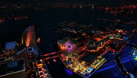 Обои ночь, огни, город, япония, колесо, японии, иокогама, night, lights, the city, japan, wheel, yokohama разрешение 1920x1080 Загрузить