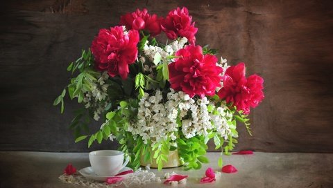 Обои цветы, букет, чашка, натюрморт, пионы, акация, flowers, bouquet, cup, still life, peonies, acacia разрешение 2400x1594 Загрузить