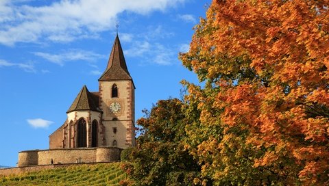 Обои деревья, осень, церковь, франция, hunawihr, church saint-jacques-le-majeur, церковь сен-жак-ле-мажёр, юнавир, trees, autumn, church, france, church of saint-jacques-le-mazher, the hunawihr разрешение 2500x1581 Загрузить