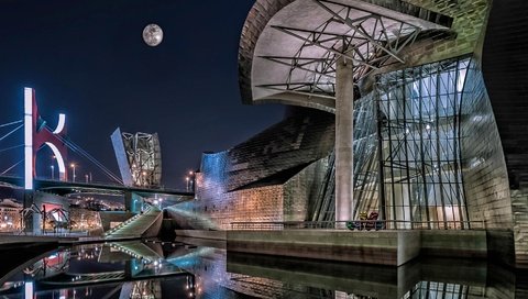 Обои ночь, луна, испания, музей гуггенхейма, бильбао, night, the moon, spain, the guggenheim museum, bilbao разрешение 1920x1080 Загрузить