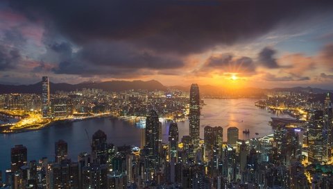 Обои солнце, закат, лучи, дома, китай, здания, гон-конг, the sun, sunset, rays, home, china, building, hong kong разрешение 1920x1080 Загрузить