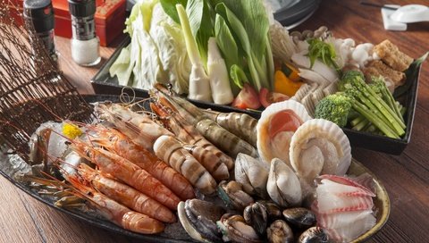 Обои овощи, морепродукты, креветки, моллюски, vegetables, seafood, shrimp, shellfish разрешение 3000x2000 Загрузить