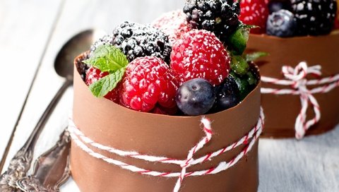 Обои мята, малина, ягоды, черника, десерт, сахарная пудра, ежевика, mint, raspberry, berries, blueberries, dessert, powdered sugar, blackberry разрешение 2560x1600 Загрузить