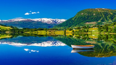 Обои небо, река, горы, отражение, побережье, лодка, норвегия, the sky, river, mountains, reflection, coast, boat, norway разрешение 1920x1200 Загрузить