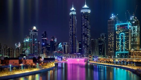 Обои ночь, огни, город, дубай, оаэ, night, lights, the city, dubai, uae разрешение 1920x1200 Загрузить