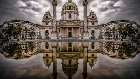 Обои вода, отражение, австрия, церковь, вена, карлсплац, water, reflection, austria, church, vienna, karlsplatz разрешение 2048x1422 Загрузить