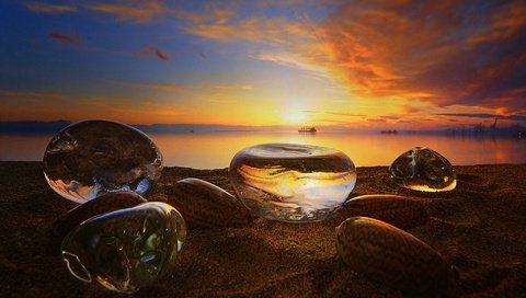 Обои небо, стеклянные, облака, antonio amati, камни, закат, отражение, море, песок, пляж, the sky, glass, clouds, stones, sunset, reflection, sea, sand, beach разрешение 2048x1405 Загрузить