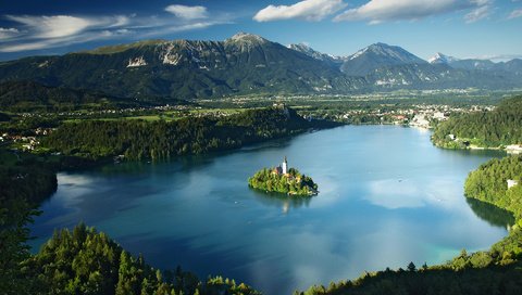 Обои озеро, природа, пейзаж, остров, часовня, бледское озеро, lake, nature, landscape, island, chapel, lake bled разрешение 1920x1200 Загрузить