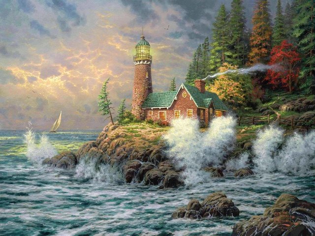 Обои картина, море, маяк, живопись, томас кинкейд, picture, sea, lighthouse, painting, thomas kinkade разрешение 2391x1795 Загрузить