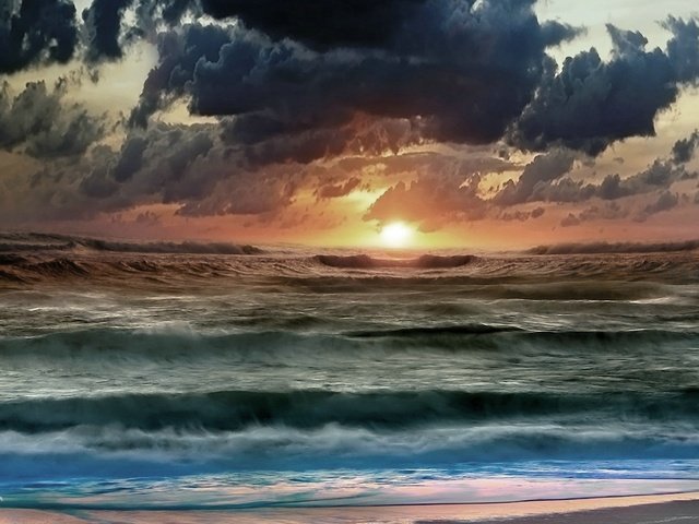 Обои небо, облака, вода, солнце, цвета, волны, закат, море, the sky, clouds, water, the sun, color, wave, sunset, sea разрешение 1920x1080 Загрузить