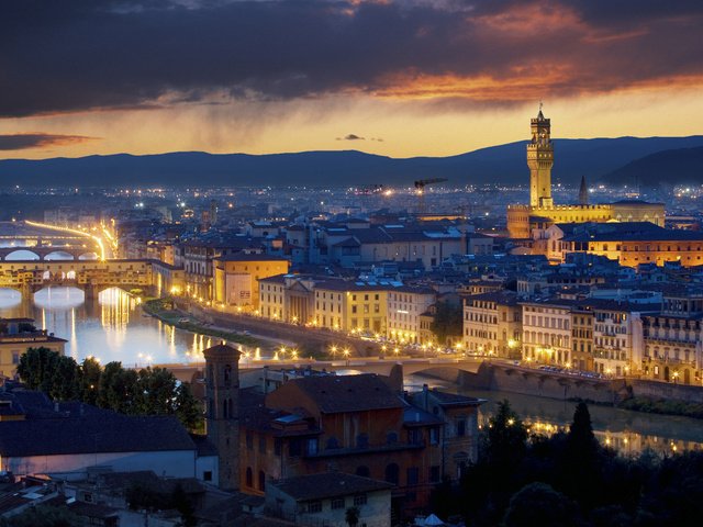 Обои ночь, огни, италия, флоренция, мосты, палаццо веккьо, night, lights, italy, florence, bridges, palazzo vecchio разрешение 1920x1080 Загрузить