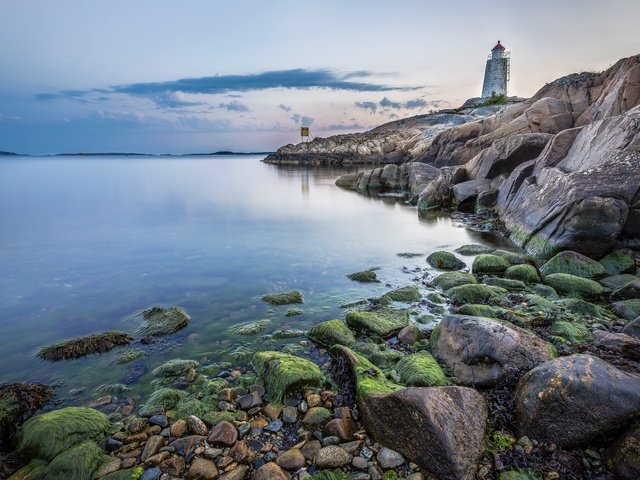 Обои скалы, камни, берег, пейзаж, море, маяк, rocks, stones, shore, landscape, sea, lighthouse разрешение 2560x1600 Загрузить