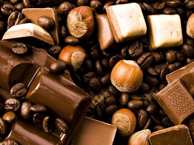 Обои орехи, кофе, шоколад, кофейные зерна, фундук, nuts, coffee, chocolate, coffee beans, hazelnuts разрешение 1920x1080 Загрузить