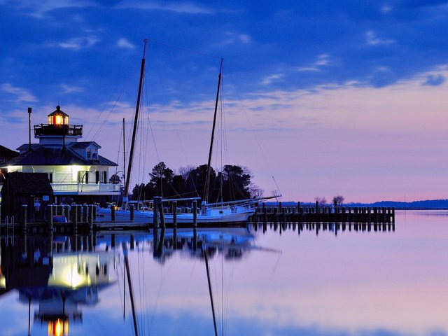 Обои вечер, закат, маяк, сша, синее, сиреневое, the evening, sunset, lighthouse, usa, blue, lilac разрешение 1920x1200 Загрузить