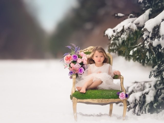 Обои цветы, кресло, снег, зима, настроение, розы, дети, девочка, ель, flowers, chair, snow, winter, mood, roses, children, girl, spruce разрешение 2048x1421 Загрузить