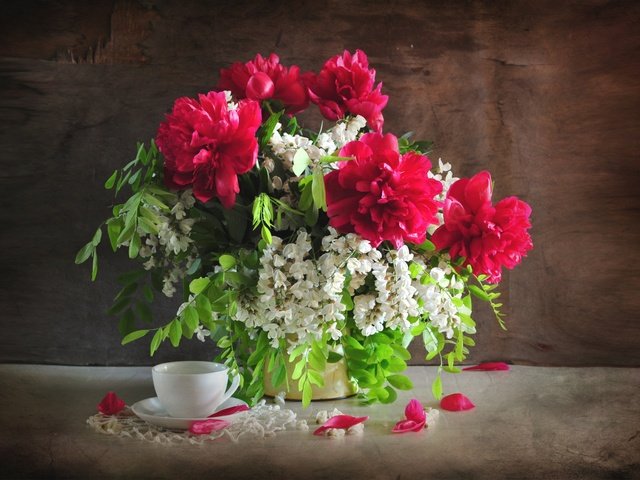 Обои цветы, букет, чашка, натюрморт, пионы, акация, flowers, bouquet, cup, still life, peonies, acacia разрешение 2400x1594 Загрузить