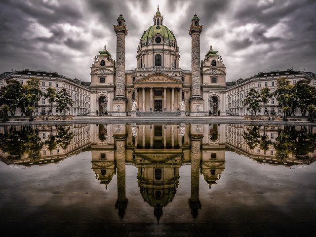 Обои вода, отражение, австрия, церковь, вена, карлсплац, water, reflection, austria, church, vienna, karlsplatz разрешение 2048x1422 Загрузить