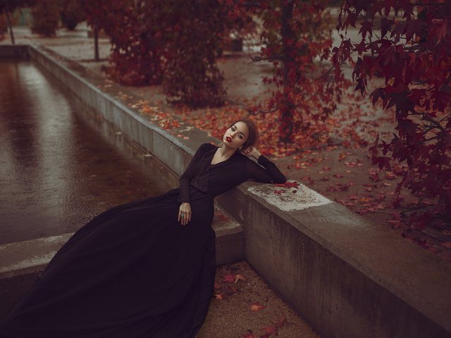 Обои листья, девушка, поза, осень, дождь, mara saiz, черное платье, leaves, girl, pose, autumn, rain, black dress разрешение 2048x1365 Загрузить