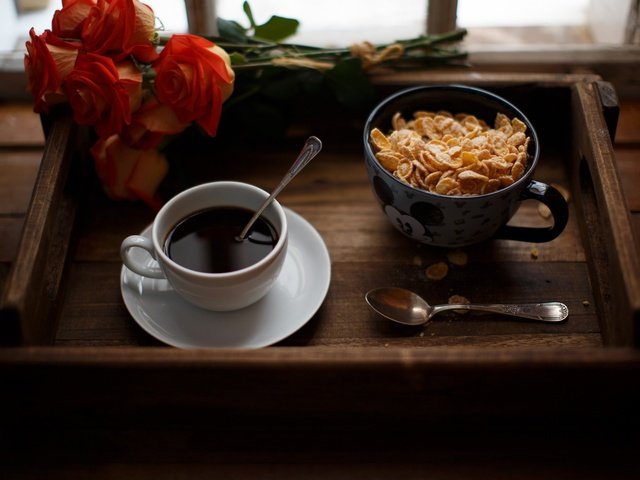 Обои розы, кофе, чашка, завтрак, поднос, кукурузные хлопья, roses, coffee, cup, breakfast, tray, corn flakes разрешение 2048x1365 Загрузить