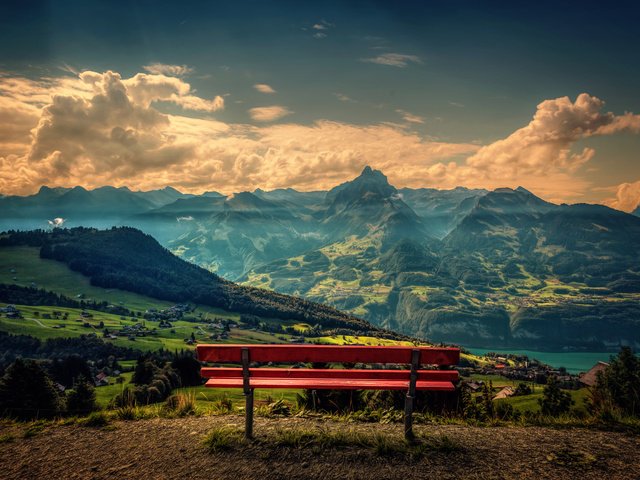 Обои небо, облака, горы, природа, пейзаж, панорама, скамейка, лавка, the sky, clouds, mountains, nature, landscape, panorama, bench, shop разрешение 5616x3370 Загрузить