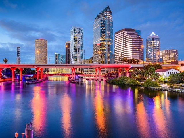 Обои ночь, огни, мост, город, сша, штат флорида, тампа, night, lights, bridge, the city, usa, florida, tampa разрешение 1920x1200 Загрузить