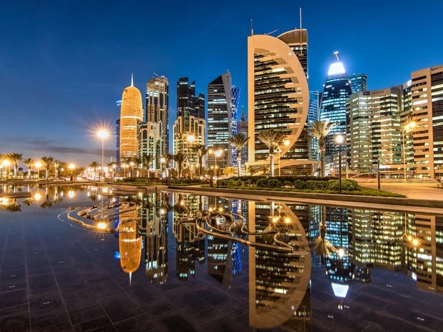 Обои отражение, небоскребы, ночной город, здания, катар, доха, sheraton park, reflection, skyscrapers, night city, building, qatar, doha разрешение 2754x1751 Загрузить