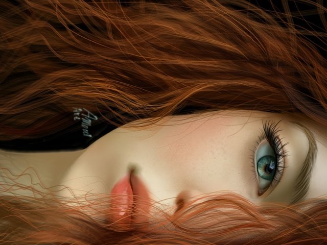 Обои арт, lovely face, девушка, взгляд, рыжая, волосы, губы, лицо, глаз, art, girl, look, red, hair, lips, face, eyes разрешение 1920x1200 Загрузить