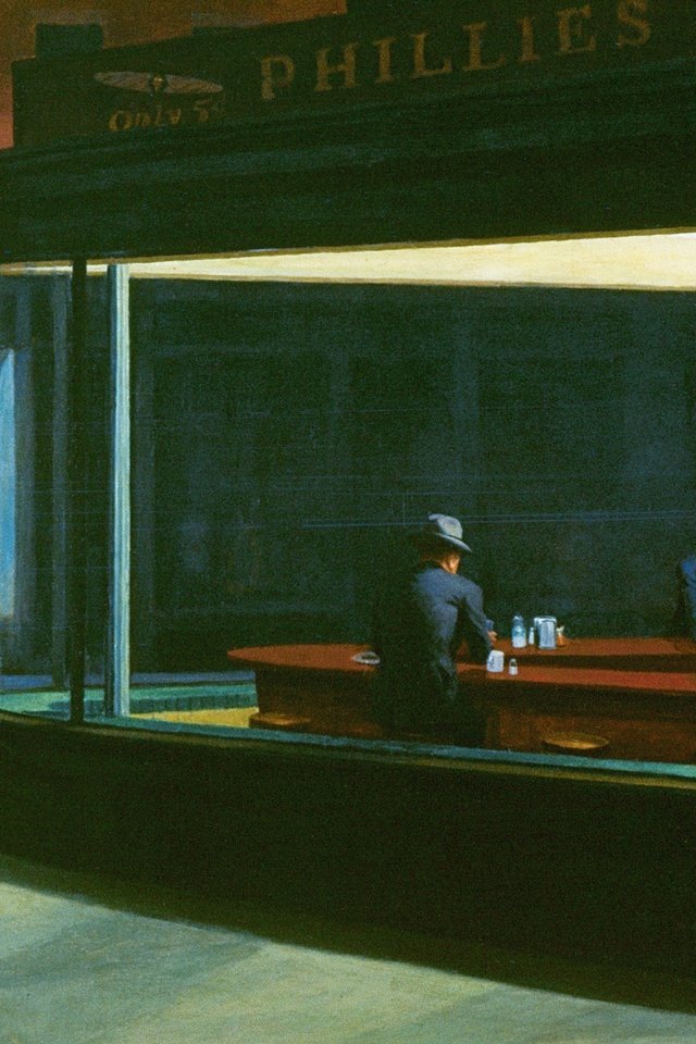 Обои рисунок, кафе, полуночники, эдвард хоппер, nighthawks, figure, cafe, night owls, edward hopper разрешение 2560x1600 Загрузить