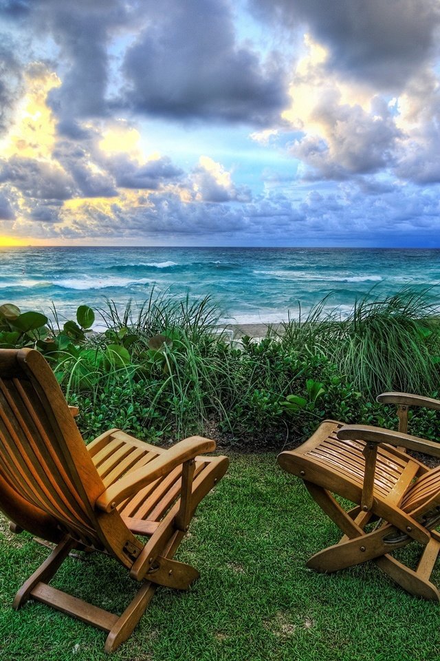 Обои восход, природа, море, стулья, sunrise, nature, sea, chairs разрешение 1920x1440 Загрузить
