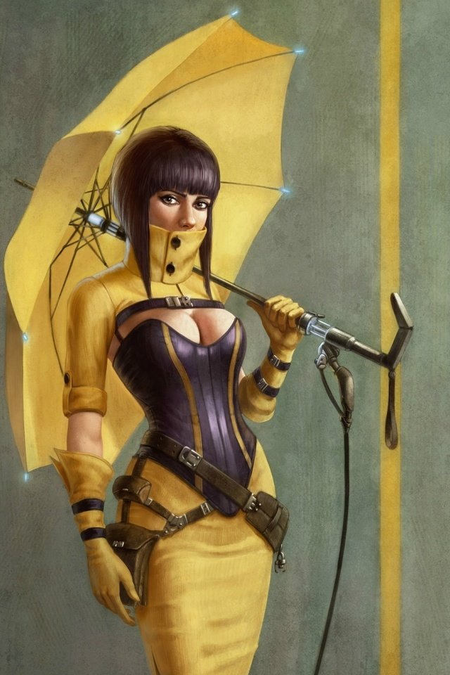 Обои арт, девушка, зонтик, cleavage, boobs, yellow umbrella, сексапильная, art, girl, umbrella, sexy разрешение 1920x1200 Загрузить