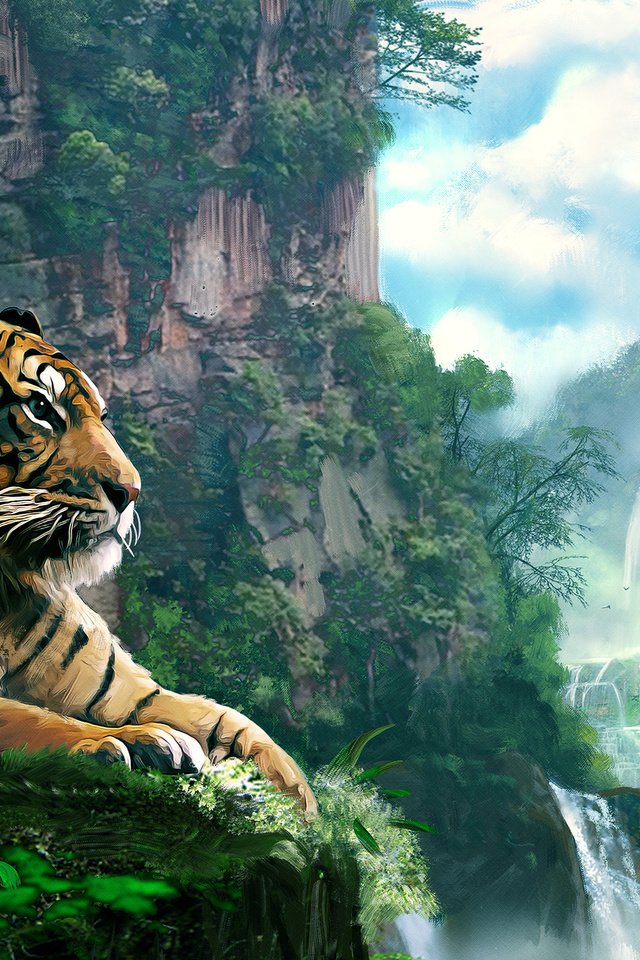 Обои тигр, арт, лес, пейзаж, гора, водопад, tiger, art, forest, landscape, mountain, waterfall разрешение 2500x1516 Загрузить