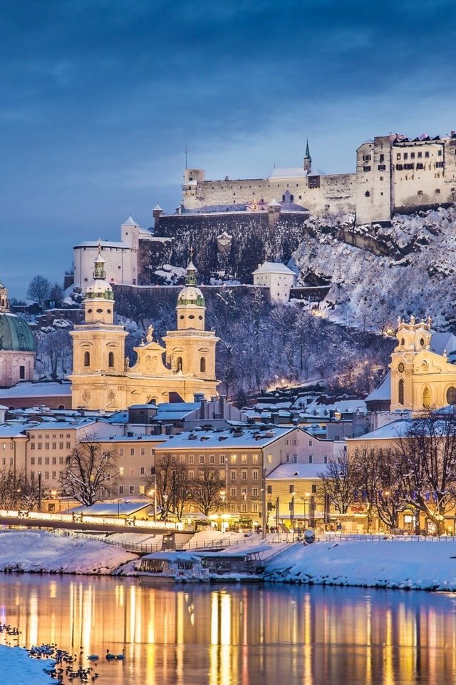 Обои австрия, зальцбург, вечер. зима, austria, salzburg, evening. winter разрешение 1920x1080 Загрузить