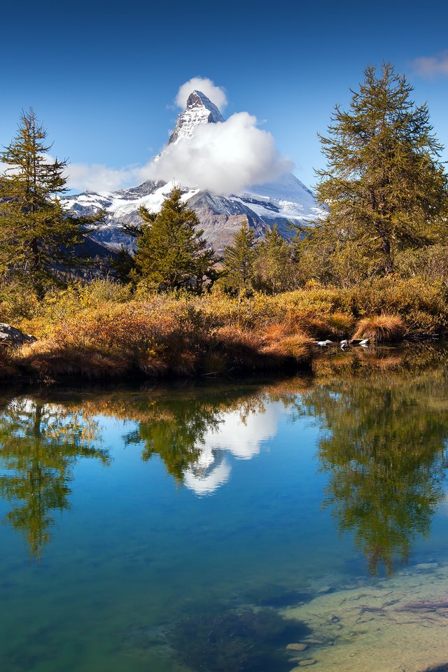 Обои озеро, grindjisee lake, grindjisee, горы, природа, лес, отражение, пейзаж, осень, швейцария, lake, mountains, nature, forest, reflection, landscape, autumn, switzerland разрешение 3840x2400 Загрузить