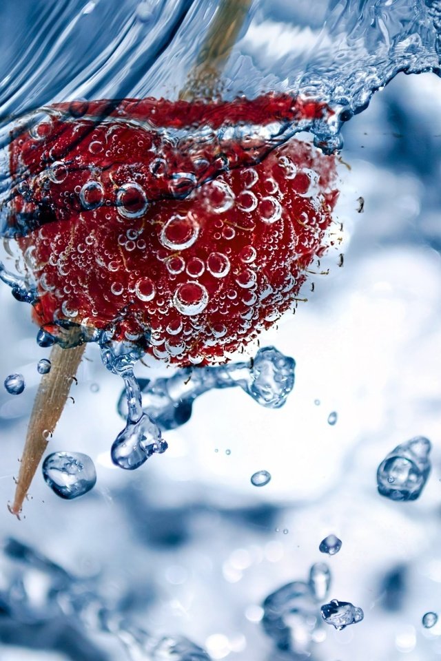 Обои вода, малина, капли, ягода, пузыри, в воде, water, raspberry, drops, berry, bubbles, in the water разрешение 2880x1800 Загрузить