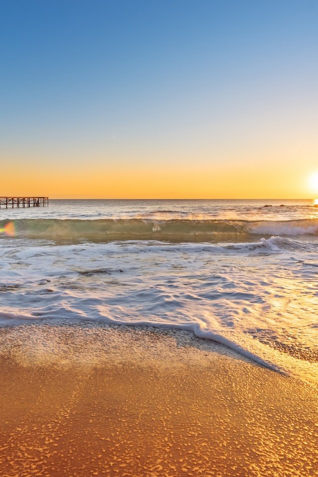 Обои солнце, закат, пейзаж, море, пляж, горизонт, the sun, sunset, landscape, sea, beach, horizon разрешение 2880x1800 Загрузить