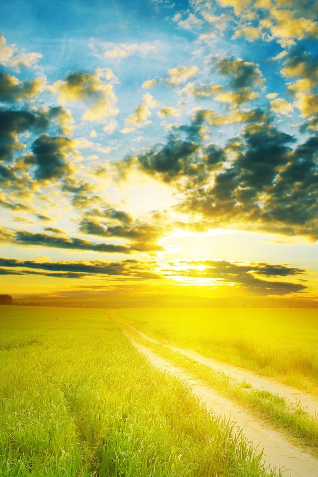 Обои небо, дорога, облака, солнце, пейзаж, поле, горизонт, the sky, road, clouds, the sun, landscape, field, horizon разрешение 6000x4570 Загрузить