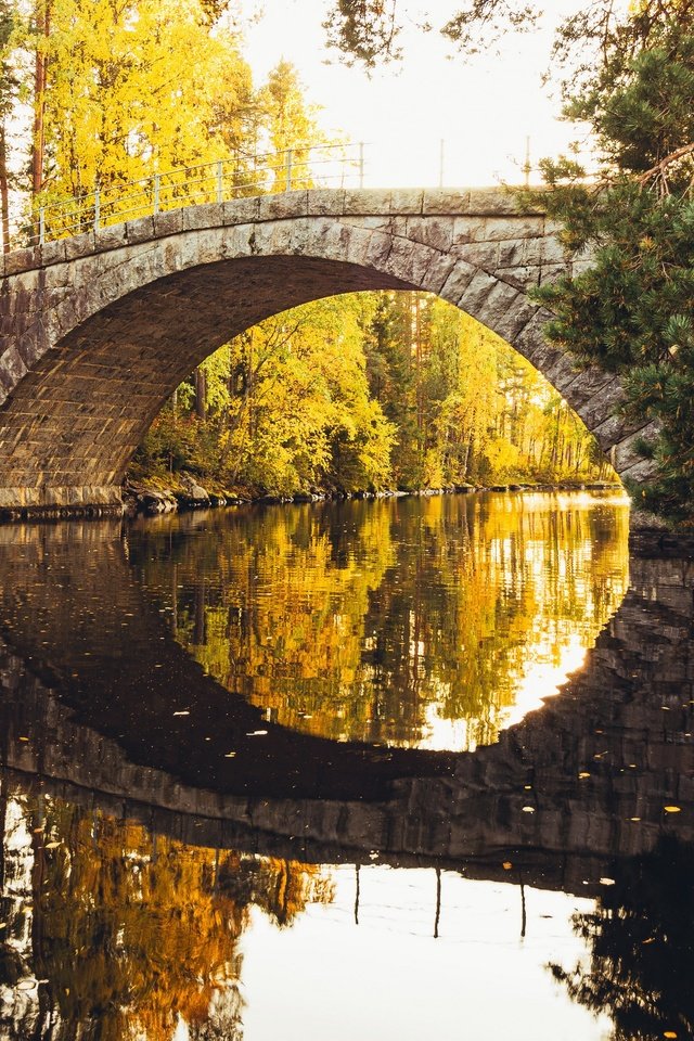 Обои деревья, река, отражение, мост, осень, каменный мост, trees, river, reflection, bridge, autumn, stone bridge разрешение 3840x2160 Загрузить