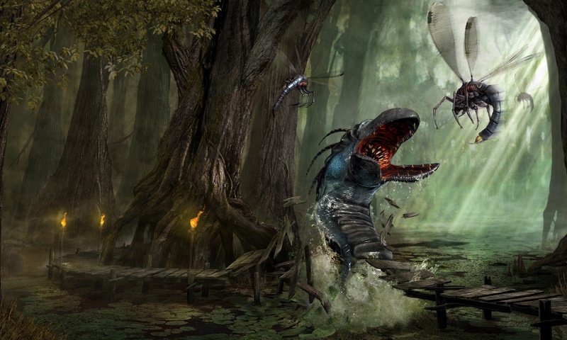 Обои готика, стрекоза, arcania a gothic tale, болотный червь, gothic, dragonfly, swamp worm разрешение 3000x1700 Загрузить