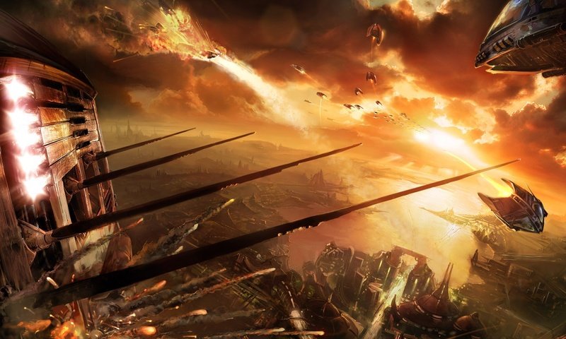 Обои закат, корабли, бой, война миров, sunset, ships, battle, war of the worlds разрешение 1920x1080 Загрузить