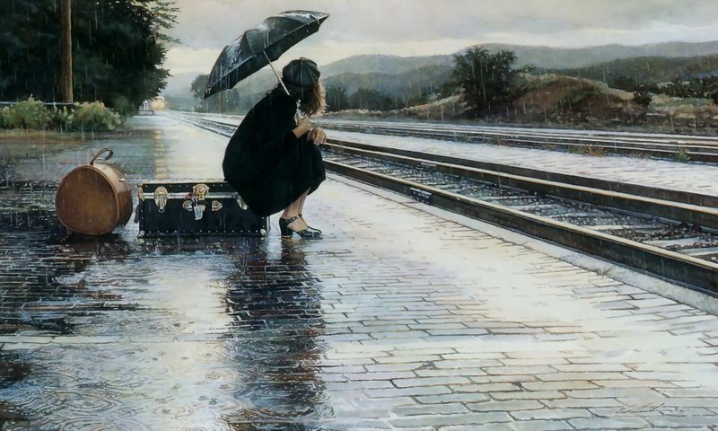 Обои девушка, грусть, дождь, чемодан, перрон, расставание, girl, sadness, rain, suitcase, the platform, parting разрешение 1920x1080 Загрузить