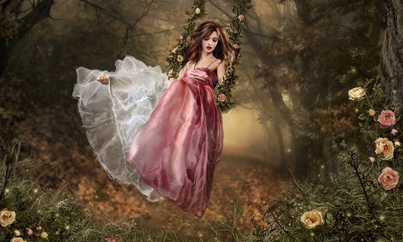 Обои лес, девушка, платье, качели, forest, girl, dress, swing разрешение 2560x1600 Загрузить