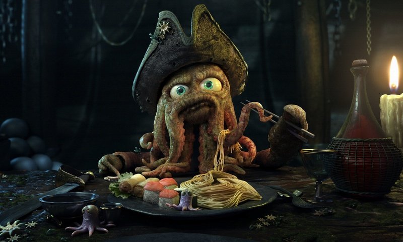 Обои осьминог, капитан, ужин, octopus, captain, dinner разрешение 2560x1600 Загрузить