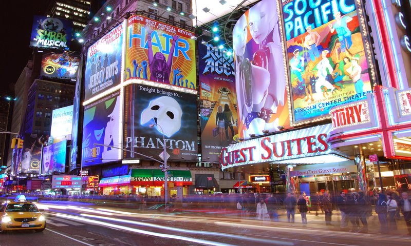 Обои ночь, огни, движение, нью-йорк, реклама, таймс-сквер, night, lights, movement, new york, advertising, times square разрешение 2560x1600 Загрузить