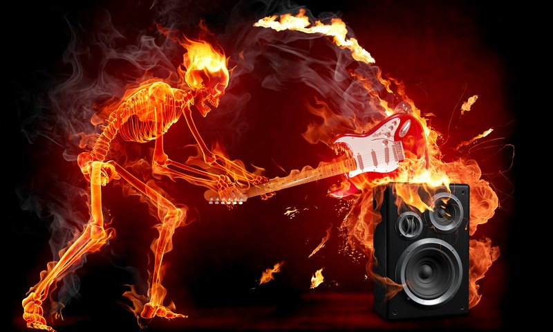 Обои гитара, огонь, рок, скелет, электричество, guitar, fire, rock, skeleton, electricity разрешение 6332x4749 Загрузить
